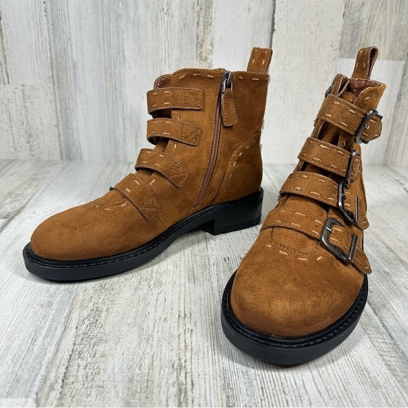 New Aerosoles Arezzo Faux Brown Suede Biker Bootie with Buckles #723 - Picture 2 of 13